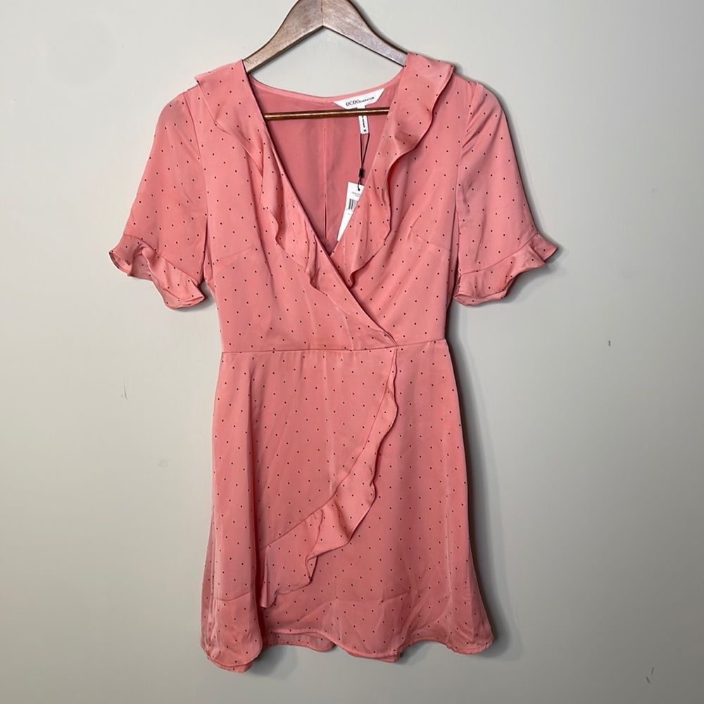NWT BCBGeneration Pink Polka Dot Ruffle Mini Dress Size XS